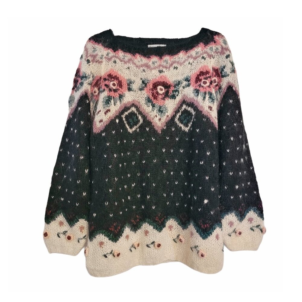Jennifer Reed Vintage Handknit Mohair Blend 3D Floral Fair Isle Sweater